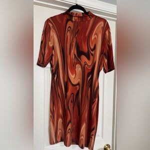 Women’s Swirl Pattern Midi Dress - ambient Orange, Brown and Black